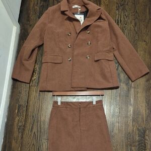Women's Brown Double-Breasted Jacket & Skirt Set